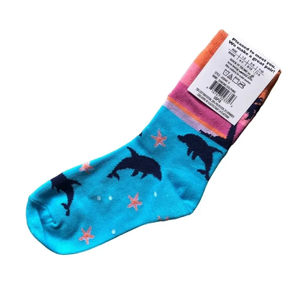 Sock It To Me Blue Orange Tropical Sunset Dolphins Sea Ocean Junior Crew Sock